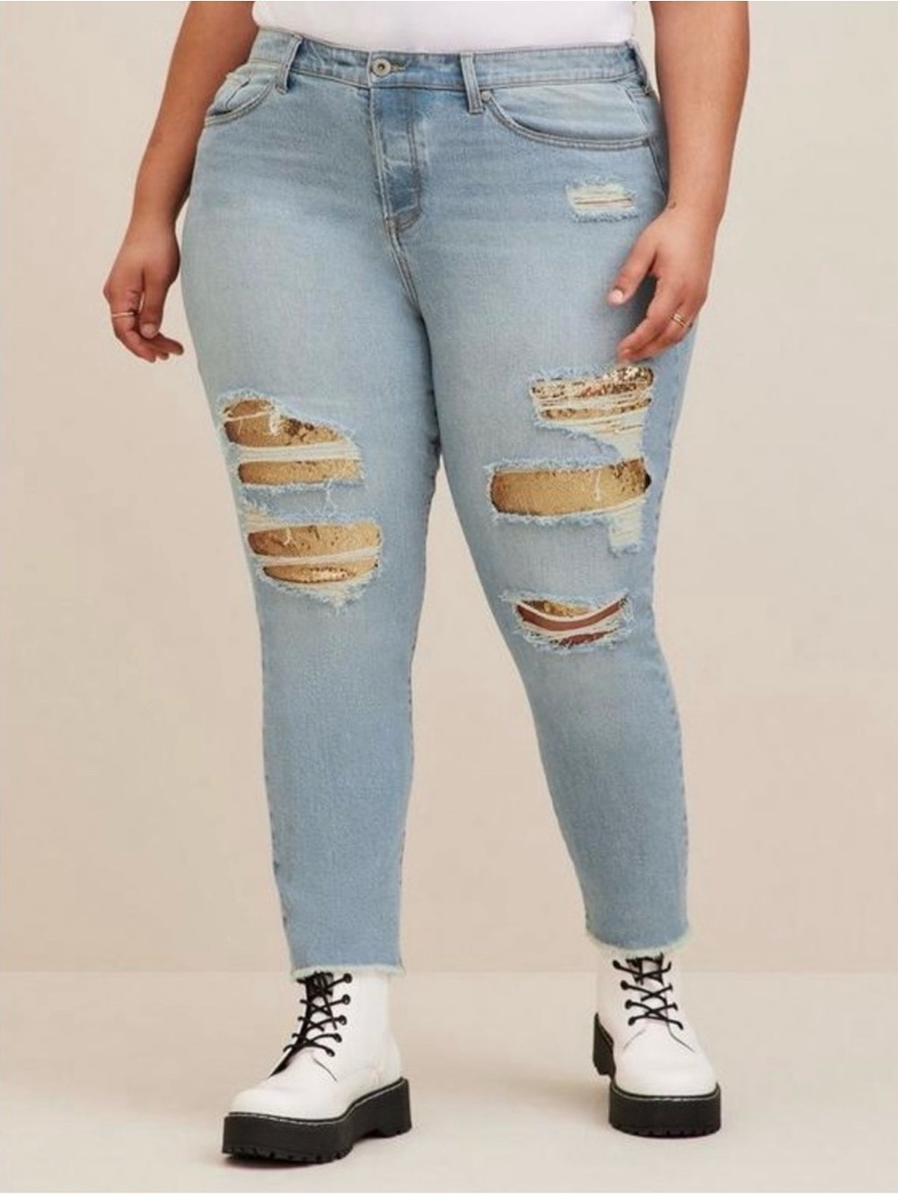 Plus Size Light Blue Distressed Ankle Jeans with Gold-Sequin Inset